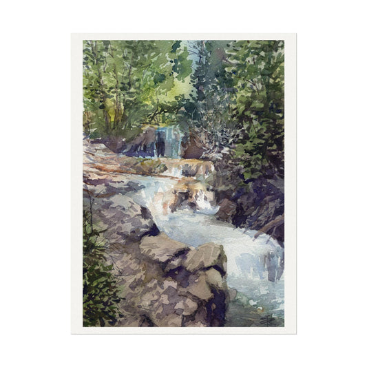 "Meadow Canyon Waterfall" Textured Watercolor Matte Poster