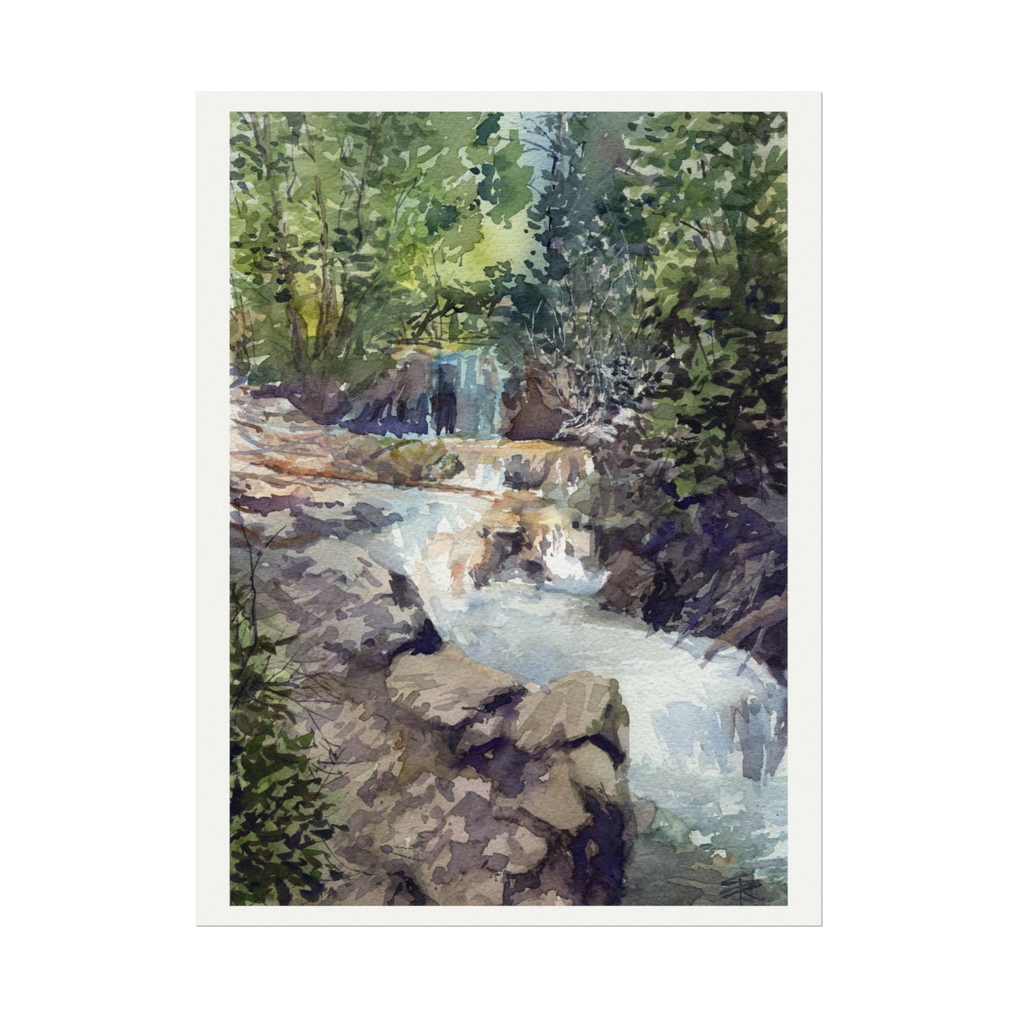 "Corn Creek Waterfall" Textured Watercolor Matte Poster